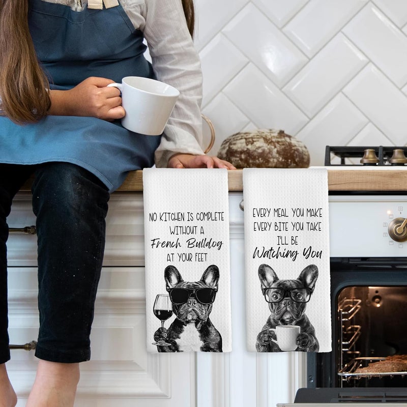 Mcehtle Funny French Bulldog Kitchen Towels Set of 2, Dog Kitchen Accessories, Coffee Station Decor, Dog Chef Gift Hand Towel, Dining Room Decorative Tea Towel Dish Towels 16x24 Inch - Image 3